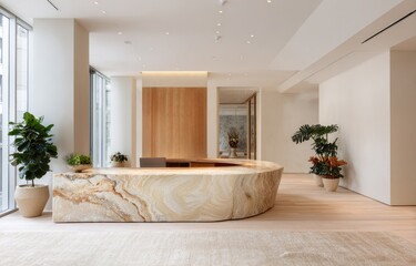 Modern lobby features marble reception desk and natural light