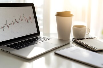 A clean office desk featuring a laptop with a candlestick chart, a coffee cup, and a financial notebook beside it, under soft sunlight. 
