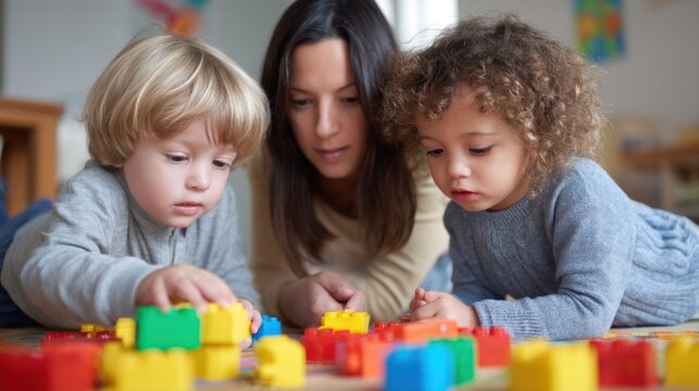 A woman and two children playing with colorful building blocks in a classroom setting. - Powered by Adobe