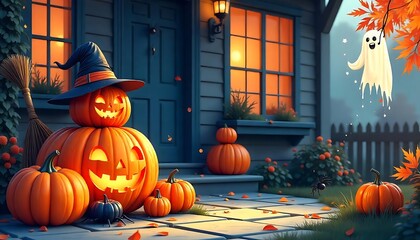 Spooky yet charming Halloween scene featuring pumpkins, a ghost, and a witch's hat in front of a dark gray house.