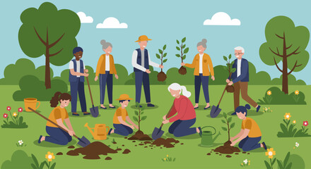 Happy intergenerational community volunteering to plant trees for environmental conservation.