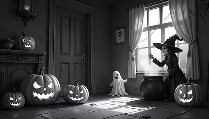 Spooky Halloween night scene featuring a witch stirring her cauldron with carved pumpkins and a friendly ghost by the window.