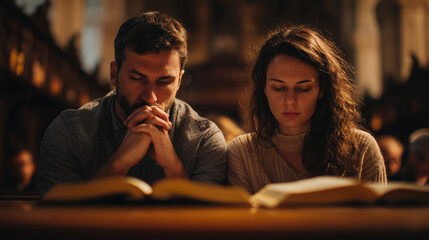 Couple praying together with Bible in church