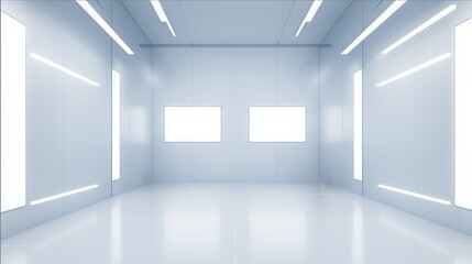 Futuristic Sci-Fi Interior Corridor or Virtual Reality Space with White Neon Lights and Blank Screens, a Clean and Professional Stage Studio. Zoom Virtual Meeting Backdrop, Background