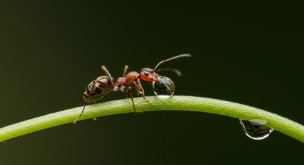 Fototapeta premium Tiny Ant Drinking a Clear Water Droplet on a Curved Green Stem
