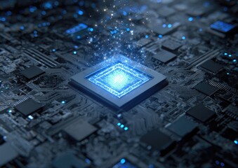 Microchip on circuit board with glowing data stream