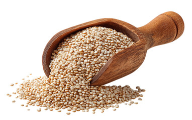 Quinoa spills from wooden scoop. Superfood for healthy eating, nutrition concept. Use for web design, ads.