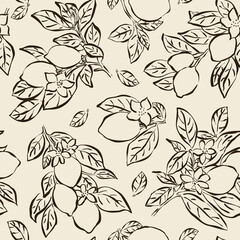 Fototapeta premium Patrón sin costuras de limones estilo garabato en fondo neutro. Fondo minimalista de limones para textil, papelería y diseño. Limones pintados a mano.