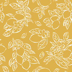 Patrón sin costuras de limones estilo garabato en fondo amarillo. Fondo minimalista de limones para textil, papelería y diseño. Limones pintados a mano.