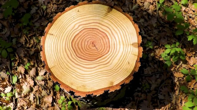 Cut tree trunk showing annual growth rings in a forest, surrounded by leaves