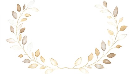 Golden wreath frame with watercolor leaves, elegant and symmetrically arranged.