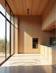 Contemporary kitchen with floor-to-ceiling windows and wood paneling