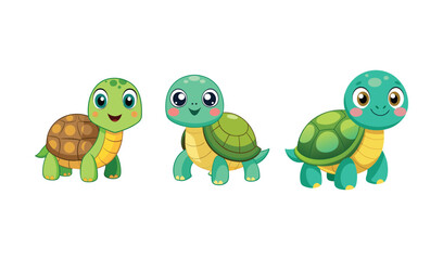 Obraz premium Three cute cartoon baby turtles with big eyes and smiling faces