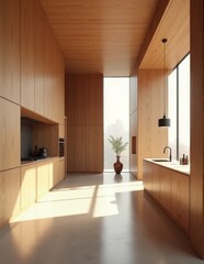 A contemporary kitchen with high ceilings and a narrow tall window providing natural light