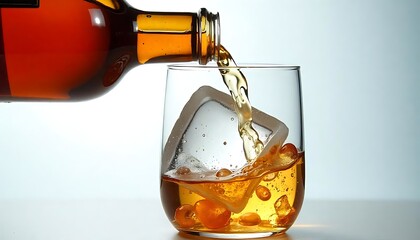 Amber liquid is poured from a bottle into a glass filled with ice, creating a refreshing and enjoyable moment.