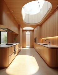 A sleek wooden kitchen with continuous counters and multiple skylights for abundant natural light