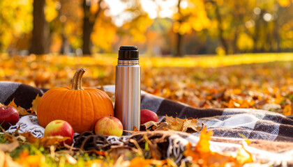A picnic setup during autumn with a plaid blanket, thermos, pumpkin, fallen leaves, and apples placed on the ground in a park, soft orange-toned light