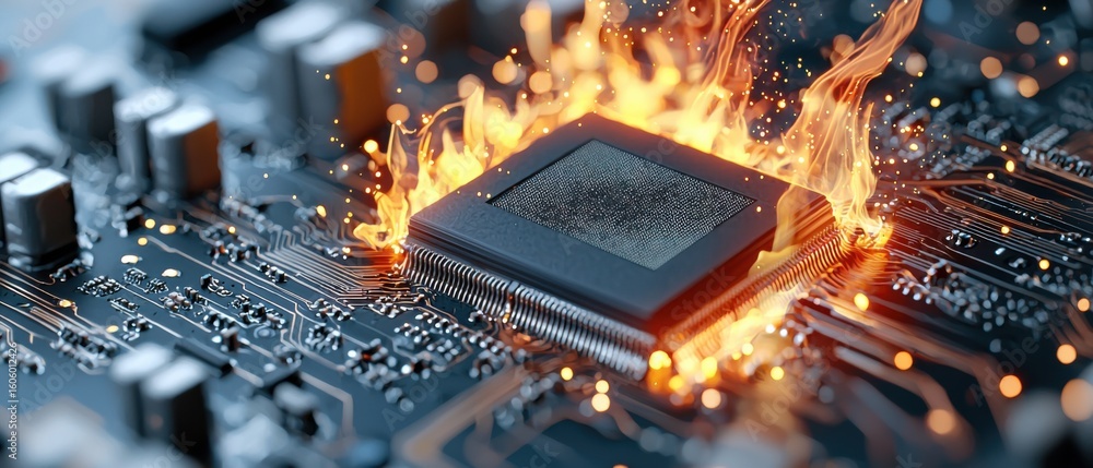 Poster a high-powered, white-hot silicon processor surrounded by a complex, futuristic digital circuit in a