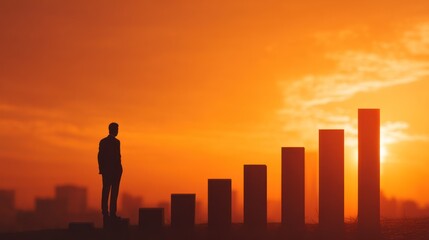 A man standing on a pedestal with a bar graph in the background at sunset.