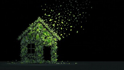 Green house with leaves on a black background, a sustainable home energy concept.