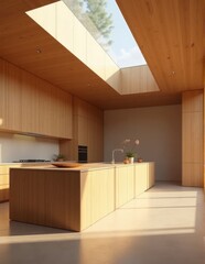 A spacious kitchen with a large island wooden cabinetry and an overhead skylight