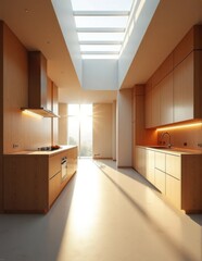 A long sunlit kitchen with a strip skylight and clean wooden cabinetry creating a luminous space