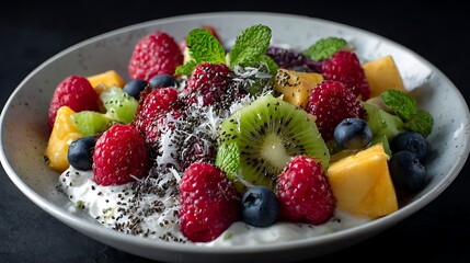 Obraz premium Fresh Fruit Salad with Yogurt and Mint