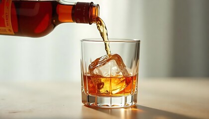 Whiskey is being poured from a bottle into a glass with ice, creating a smooth liquid flow and inviting drink.