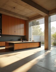 A modern kitchen with concrete columns and floor featuring wooden cabinetry and large windows