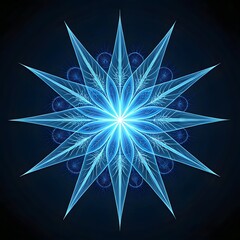 A glowing, radiant blue fractal star with sharp symmetrical points and layered luminous patterns on a dark background.