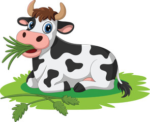 Cartoon cow sitting on green grass chewing fresh leaves, adorable farm animal illustration for children, dairy themes, or agriculture projects