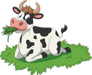 Cartoon cow sitting on green grass chewing hay, funny farm animal illustration for kids, agriculture book, or educational material