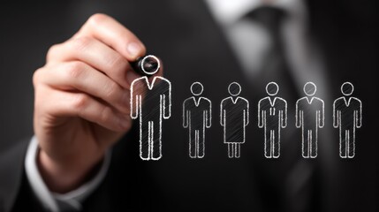 A businessman drawing a line of people on a transparent screen.