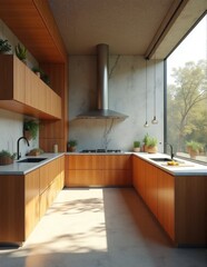 A modern U-shaped kitchen with wooden cabinets concrete walls and large windows looking out to nature