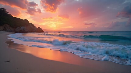 Obraz premium Sunrise over a tranquil beach with crashing waves, vibrant colors.
