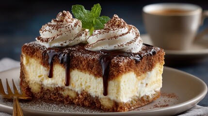 Tiramisu Cheesecake Dessert With Chocolate Drizzle