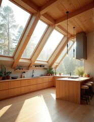 A modern kitchen space with natural wood tones and an expansive skylight ceiling offering ample light and forest views