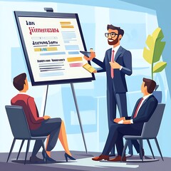 A charismatic financial speaker explaining key terms on an income statement with the help of a flip chart, while a small group of professionals sit and absorb the information. 
