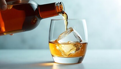 Whiskey is carefully poured from a bottle into a glass with ice, offering a refreshing and elegant drink.