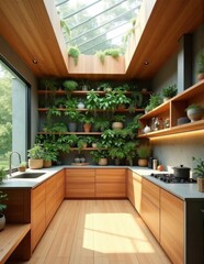 A U-shaped kitchen with wooden cabinets and a large wall of lush indoor plants receiving light from a skylight