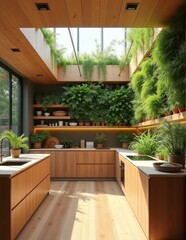 A modern kitchen with a large vertical garden wall wooden cabinetry and bright natural light from a skylight