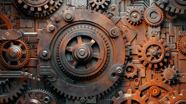 Mechanical steampunk gears frame dynamic interplay