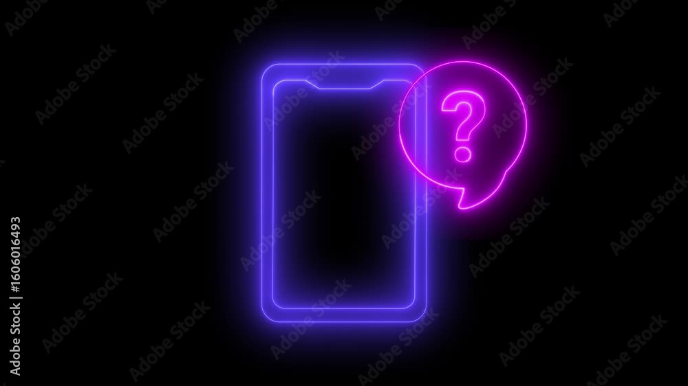 Poster neon light effect animation of a smartphone icon with a speech bubble with a question mark inside.