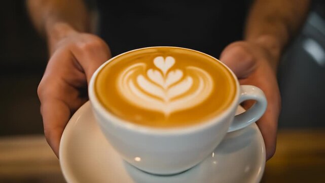 Barista presenting a beautifully crafted latte with latte art at a cafe