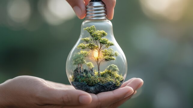 A hand holding a light bulb with a miniature tree inside, against a blurred green background.