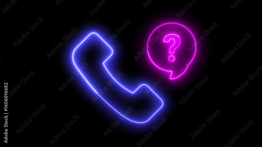 Poster neon light animation of an analog telephone speaker icon, with a question mark speech bubble inside.