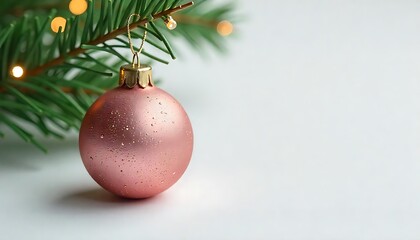 Festive pink ornament hanging on a vibrant Christmas tree branch with twinkling lights creates a cheerful holiday ambiance.