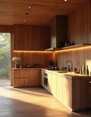 A warm and inviting L-shaped kitchen with wooden cabinetry under-cabinet lighting and a view to the outdoors