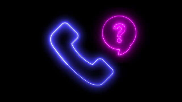 Neon light animation of an analog telephone speaker icon, with a question mark speech bubble inside. FAQ or customer service concept.
