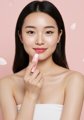 A young asian woman applying pink lip gloss for beauty and cosmetic advertising. Korean skin care concept for makeup and personal care.